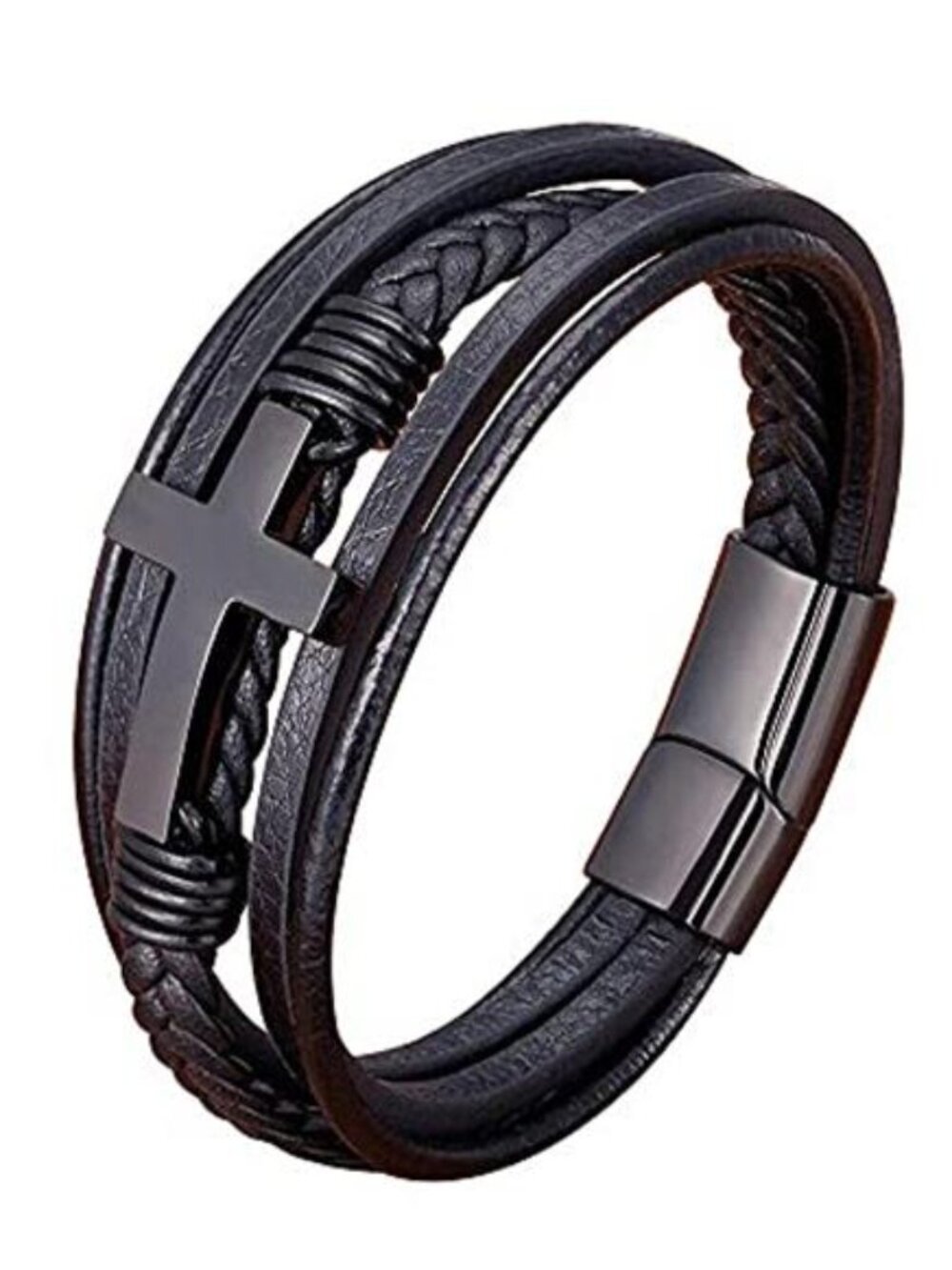 Mens Leather Bracelet Cross Stainless Steel Braided Magnetic Clasp Bracelet